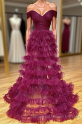 Off the Shoulder Burgundy Pleated Sheer Tiered Semi Formal Prom Dress
